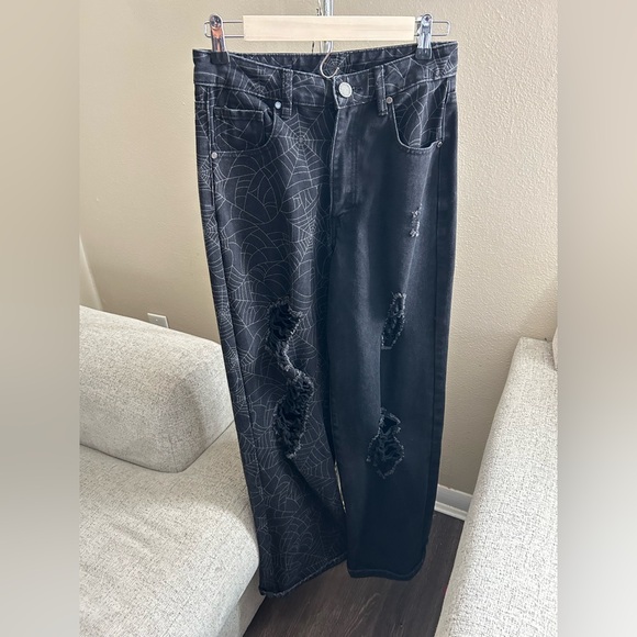 Disturbia Black Jeans Spider Web Design Size 6 Goth Tarantism - Picture 2 of 11